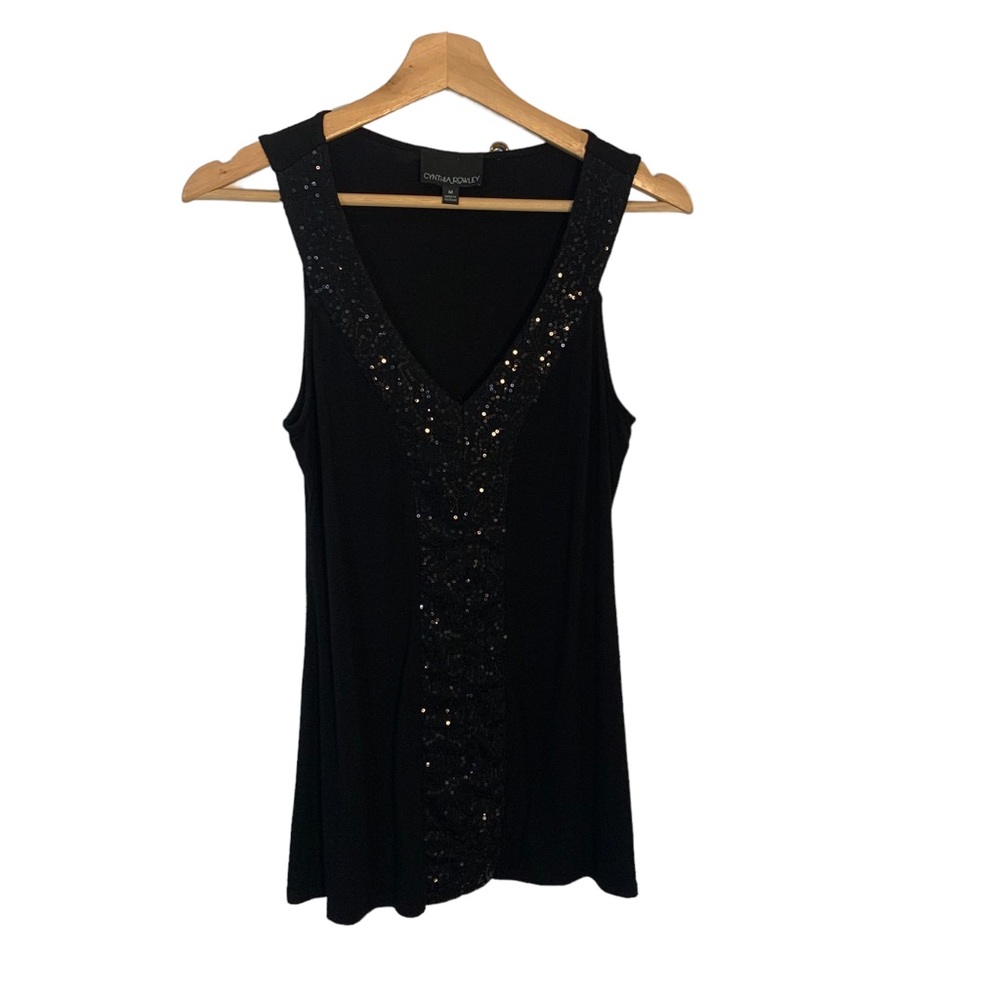 Cynthia Rowley Black Sleeveless Tank Blouse with Sequin V-Neck Stripe Si…